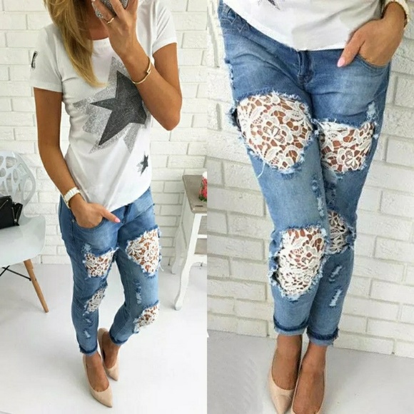 Denim - Ripped Distressed Lace Cutout Jeans